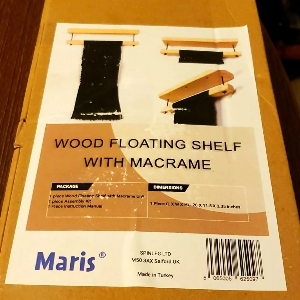 Maris Wood Floating Shelf with Black Macrame Organizing Accent Pocket & Hooks